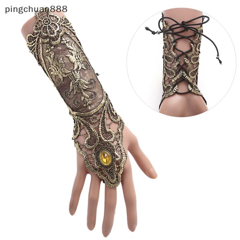 Pingchuan888 Gothic Steampunk Lace Cuff Fingerless ถุงมือแขนอุ่นสร้อยข้อมือ ck Gold Nice