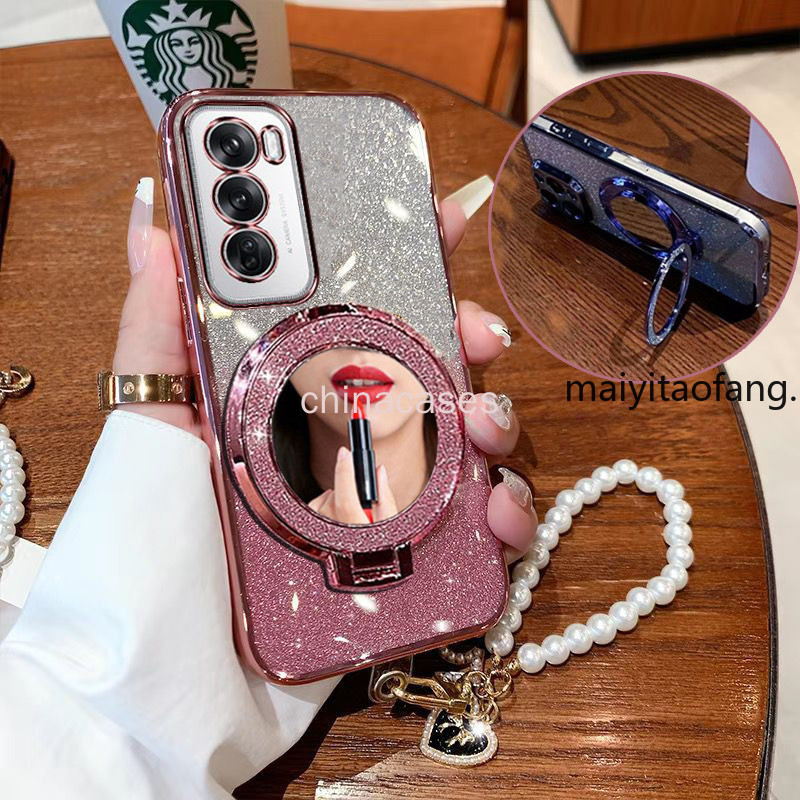 สําหรับ OPPO Reno12 5G Reno 12 Pro 5G Reno 12F วงเล็บแม่เหล็กหรูหรา TPU แฟลชนุ่มกระจกแต่งหน้า + สร้อยข้อมือเคสโทรศัพท์