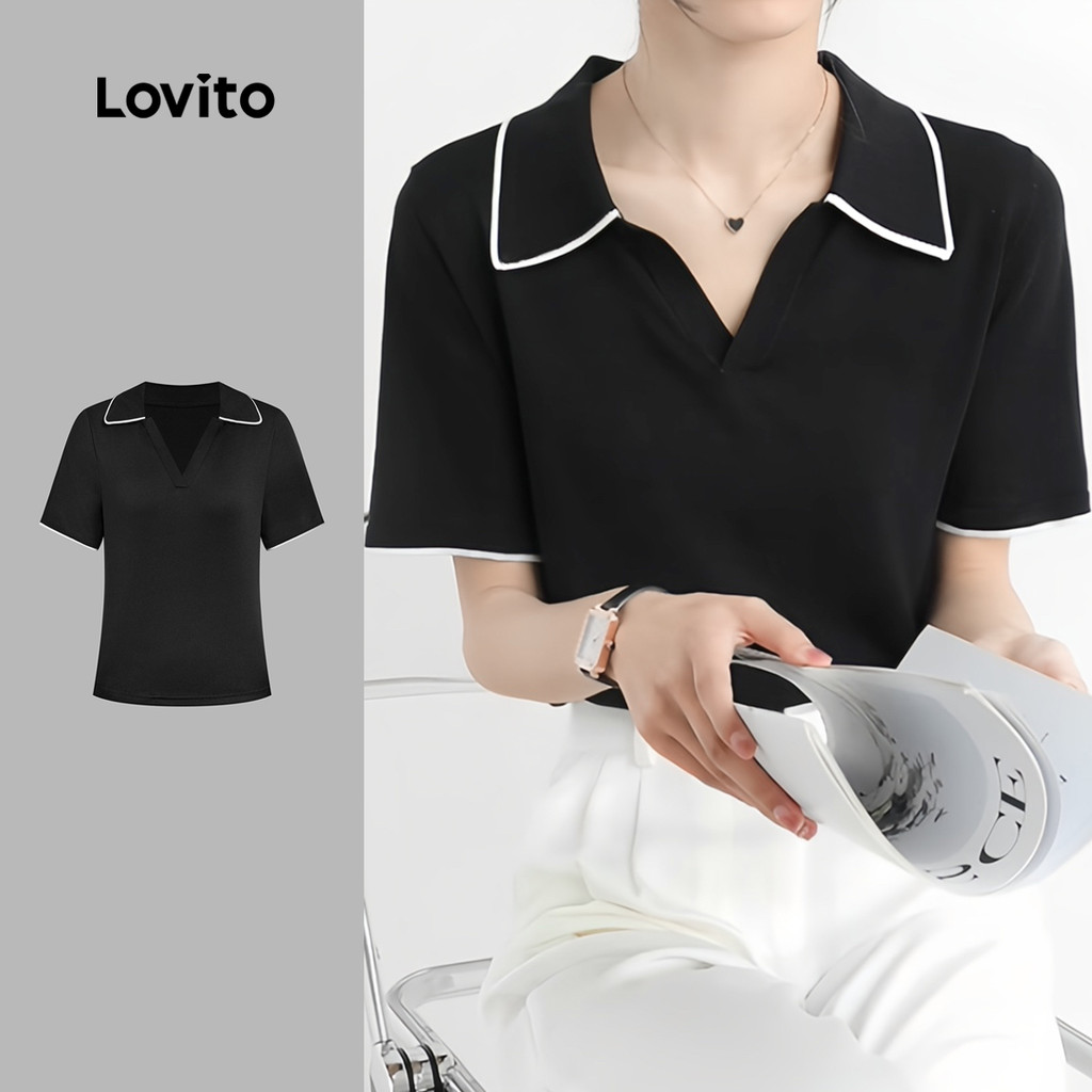 B137-JUL25-A-2-Simple Contrast Color Edge Lapel Short Sleeve Top-TSB137P1D222