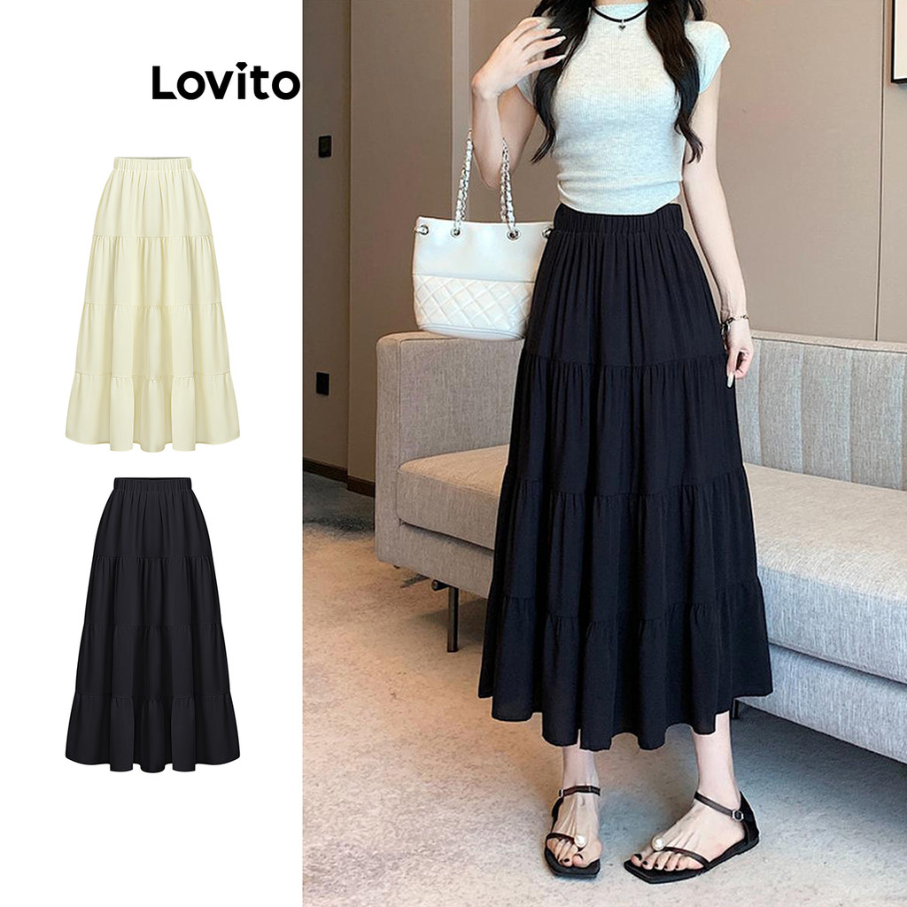 (Hot) Lovito กระโปรงลําลองกระโปรงสายโครงสร้างธรรมดาเดรปสําหรับผู้หญิง LNE59445 (หลากสี)