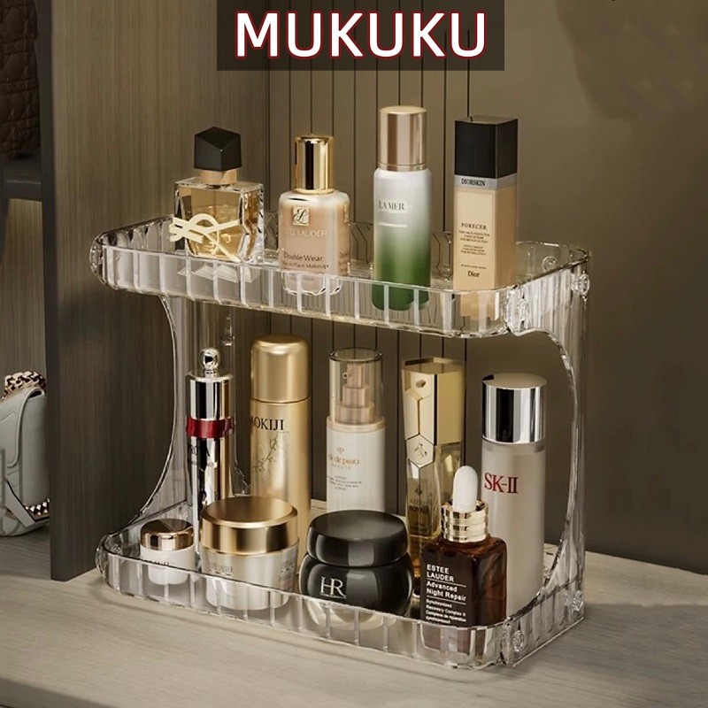 MUKUKU ชั้นเก็บของวางเครื่องสำอางค์ในห้องน้ํา แบบสองชั้นพลาสติกใสทันสมัย