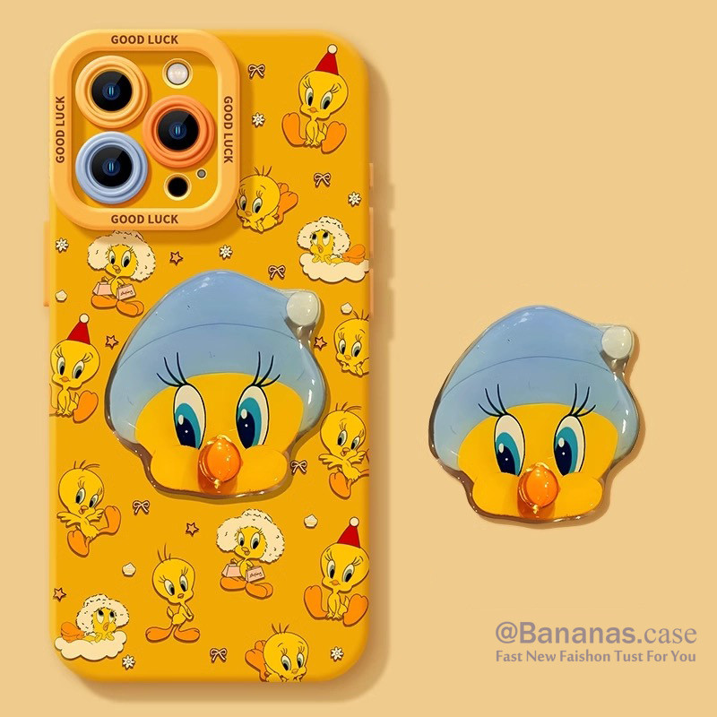 เข้ากันได้กับ iPhone 16 15 14 13 12 11 Pro Max X Xr Xs Max 7 8 Plus SE2020 เคสโทรศัพท์น่ารักสนุกเป็ดสีเหลือง + ขาตั้งฝาหลังแบบนุ่ม