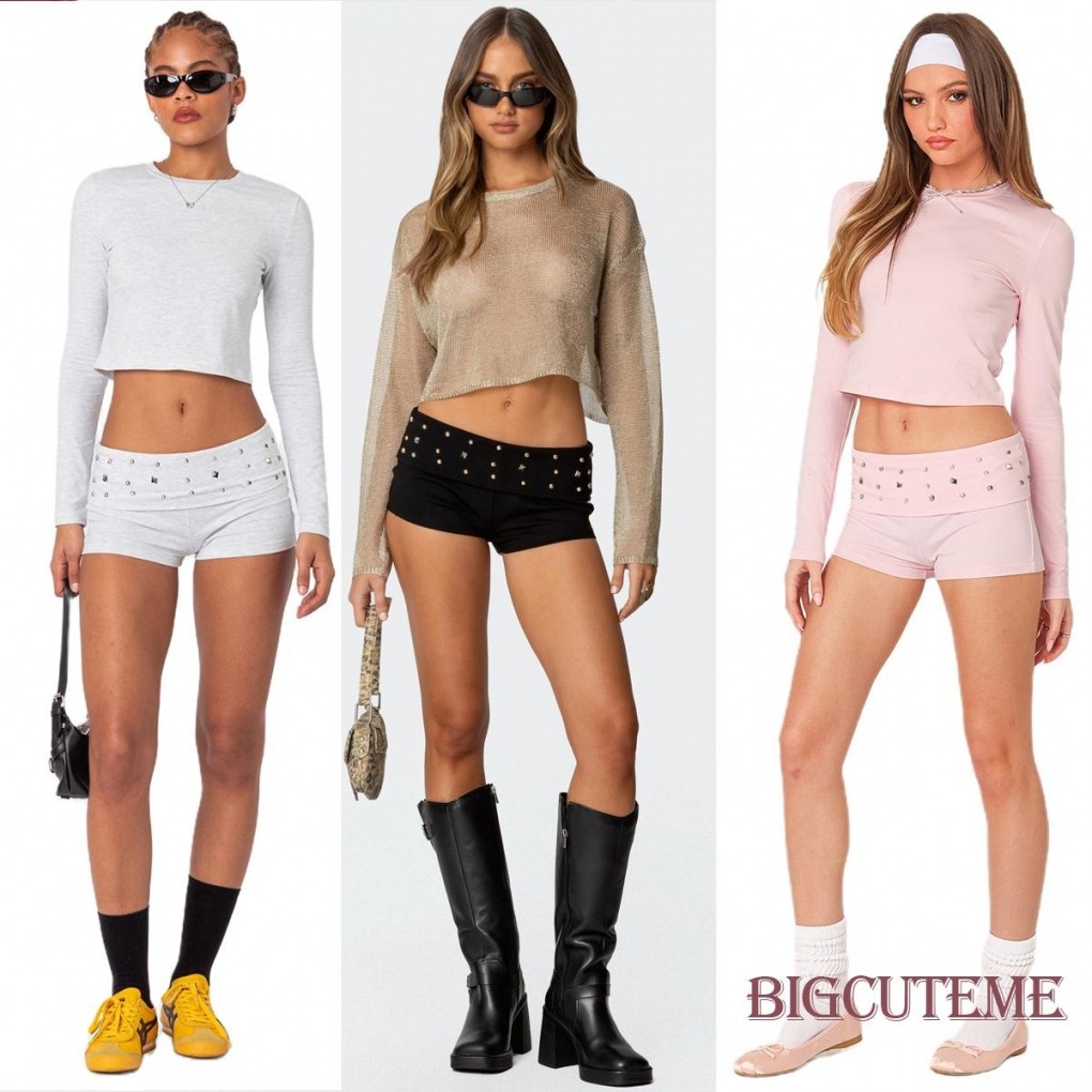 []-Women Y2K Studded Foldover Vintage Low Waist Slim Fit Micro Shorts