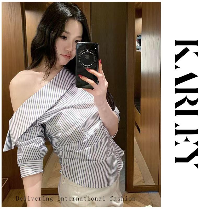 KARLEY VN เสื้อเชิ้ตผู้หญิงหลวมสวย Casual Electric Street แขนยาวแฟชั่นลาย SO335