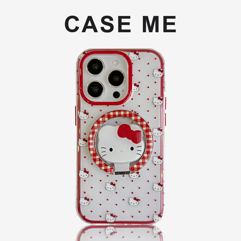 2 IN 1 Hello Kitty Wave Point Soft TPU เคสโทรศัพท์สําหรับ iPhone 16 Pro Max 15 Pro 14 13 ลายสก๊อตสีแดงผู้ถือแม่เหล็กขาตั้ง Anti-drop ฝาหลัง
