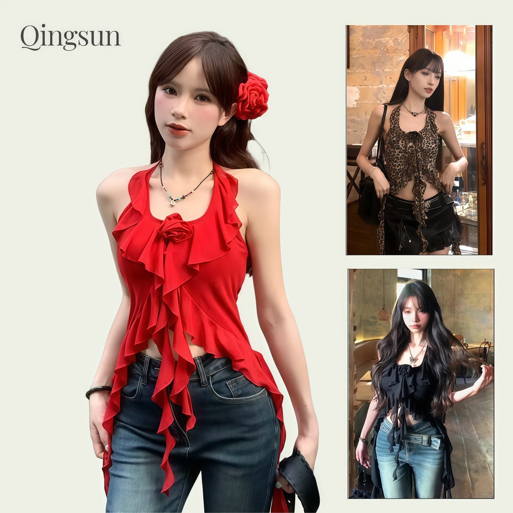 เสื้อคล้องคอผู้หญิง สีทึบ ลำลอง ไม่ปกติ เสื้อกล้ามระบายทรงเข้ารูปย้อนยุค "FY2633-1"🌻Qingsun