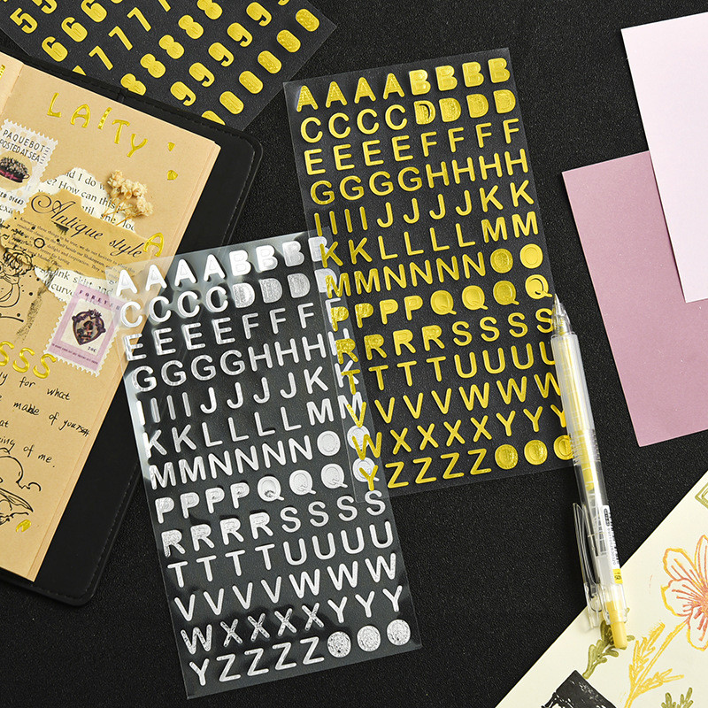 การ์ตูน Silver Gold ภาษาอังกฤษตัวอักษรและตัวเลข Series WAterproof PET สติกเกอร์ตกแต่ง DIY วัสดุ Decals