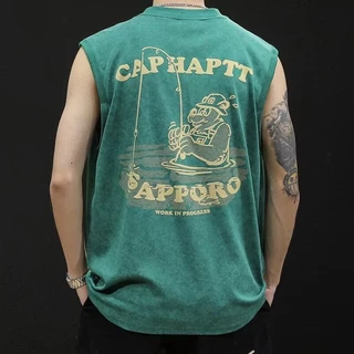 EERSHENSHI เสื้อกั๊กผู้ชายคอกลมเสื้อยืดแขนกุดพิมพ์ลายชายเสื้อที่เสียหาย