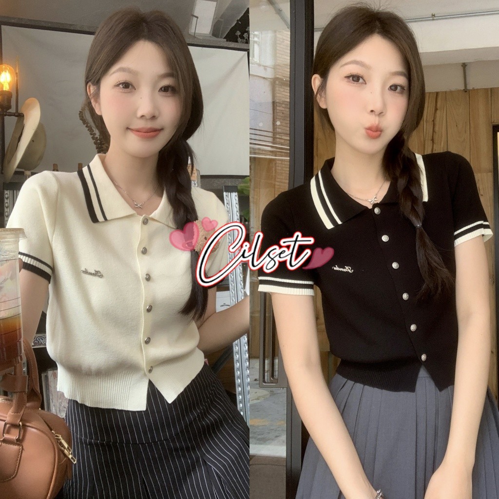 Cilset🛒พร้อมส่ง🎀 เสื้อไหมพรมแขนสั้น ทรงครอป คอปก สีพื้น /59035