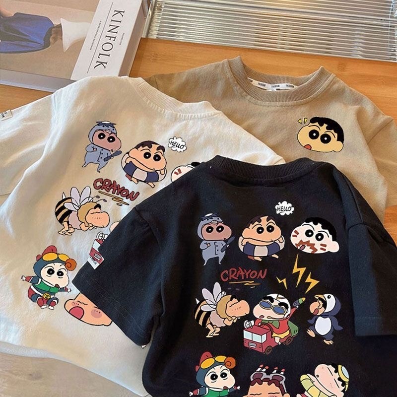 เสื้อยืดแขนสั้นลายการ์ตูน Shinn Chan เด็กผู้ชาย พิมพ์ลายสองด้าน ใส่สบายหน้าร้อน