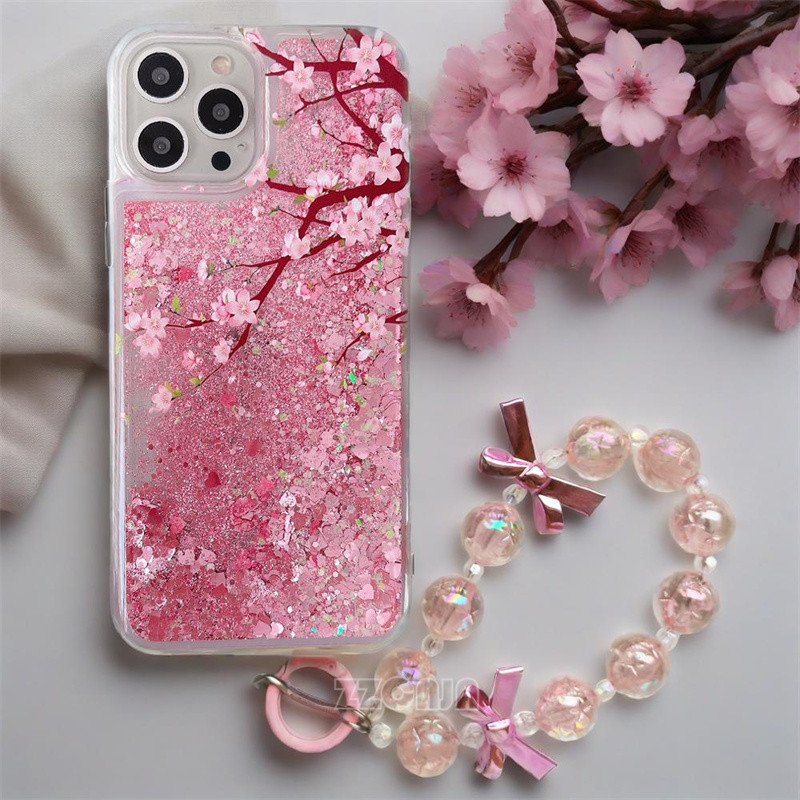 Pink Cherry Blossoms สําหรับ VIVO V40 Lite V3E0 V29 V27 V25 V23E V21E V20SE V15 Pro กรณีเงา Glitter 