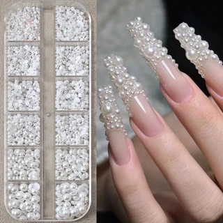 [maybeauty] 12 ตารางผสมด้านล่างแบนมุกครึ่งรอบ Rhinestones 3D ตกแต่งเล็บเครื่องประดับเล็บ Charm แต่งเล็บ {TH}