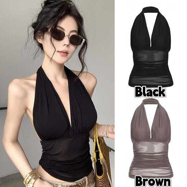 mimi&didi#เสื้อสายเดี่ยวคล้องคอสุดแซ่บ สไตล์สาวหวานเซ็กซี่แบบไทย ๆ สำหรับหน้าร้อน คอวี รัดช่วงเอว ผ้าตาข่ายบางเบา#99127