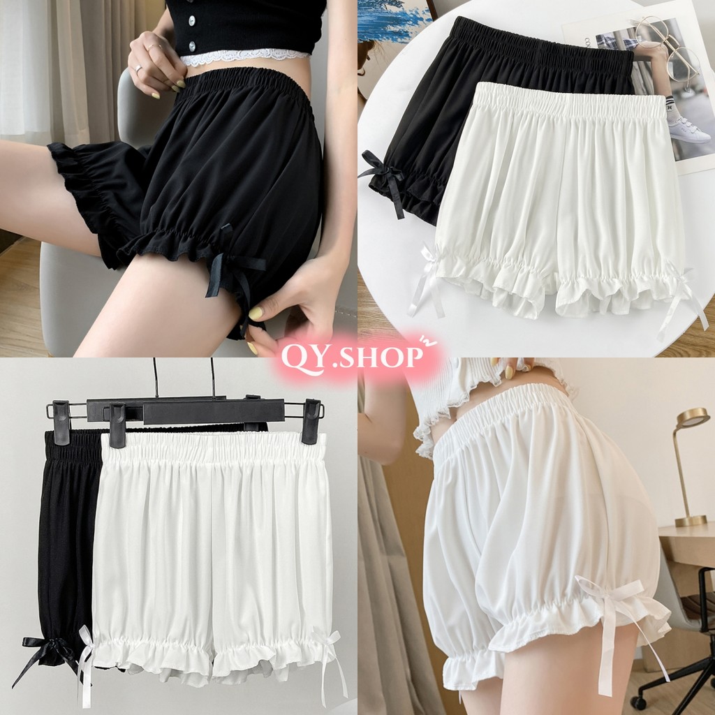 QY.Shop สินค้าราคาพิเศษ กางเกงขาสั้น เอวสม๊อคสีพื้น มินิมอลสไตล์ ทรงพองเกาหลี "KK360"