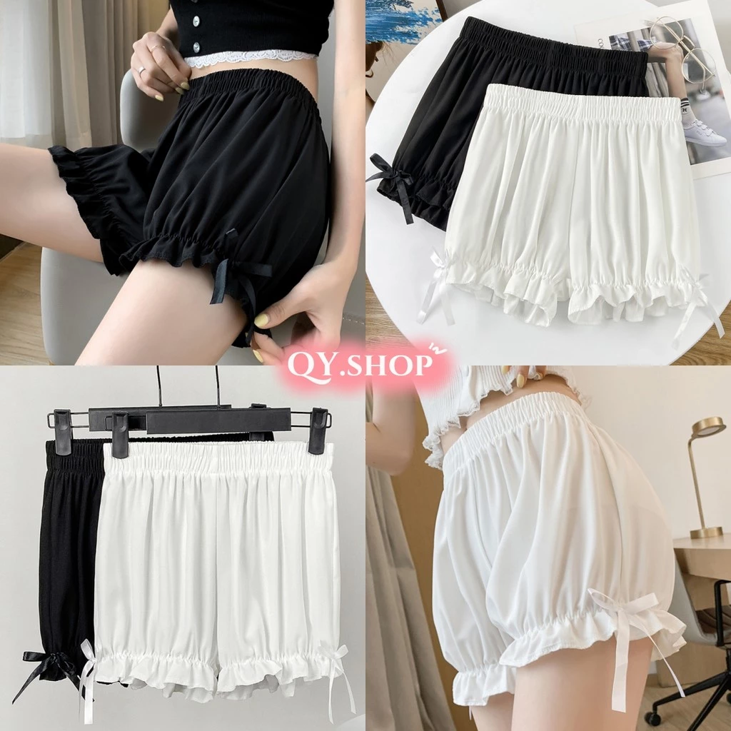 QY.Shop สินค้าราคาพิเศษ กางเกงขาสั้น เอวสม๊อคสีพื้น มินิมอลสไตล์ ทรงพองเกาหลี "KK360"