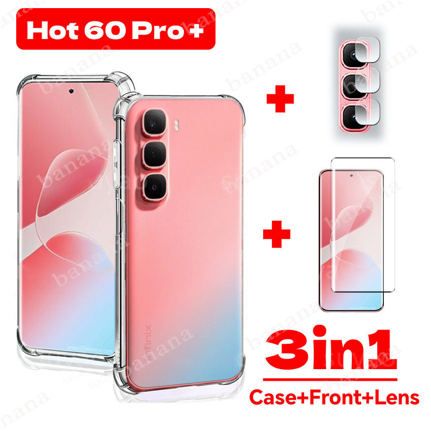 3In1 infinix Hot 60 Pro Plus Pro + เคสโทรศัพท์ใสปลอกสําหรับ Hot60Pro + Hot60Pro กันกระแทก Soft TPU กระจกนิรภัยหน้าจอป้องกันฟิล์มกล้อง 9H ปกหลัง
