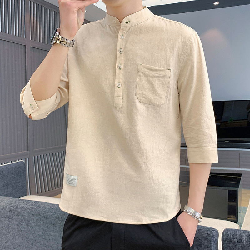 YHTN เสื้อคอจีน แบบปกตันขึ้น สไตล์ใหม่ ระบายอากาศได้ดี ทำจากผ้าฝ้ายและลินิน สีขาว ทรงหลวม เหมาะสำหรับฤดูร้อน เชิ้ตคอจีน