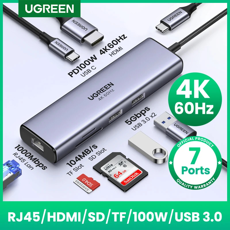 UGREEN USB HUB 7-in-1 4K60Hz HDMI Type-C ถึง RJ45 5Gbps USB3.0 PD100W SD & TF Dock สําหรับแล็ปท็อป USB Splitter Docking Station