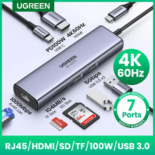 UGREEN USB HUB 7-in-1 4K60Hz HDMI Type-C ถึง RJ45 5Gbps USB3.0 PD100W SD & TF Dock สําหรับแล็ปท็อป USB Splitter Docking Station