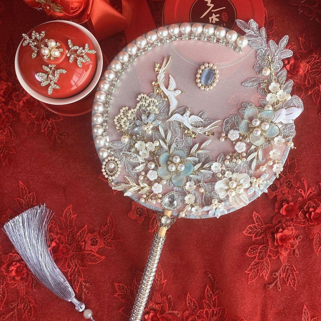 Dmo-พัดลมโบราณ พัดลมมือถือ พัดลมไม้โบราณเจ้าสาว