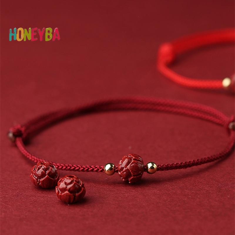 <Honeyba> ทิเบตพุทธ Lotus สร้อยข้อมือลูกปัด Handmade ปรับ Lucky Red Thread Charm สร้อยข้อมือสําหรับผู้หญิงผู้ชายคู่เครื่องประดับ
