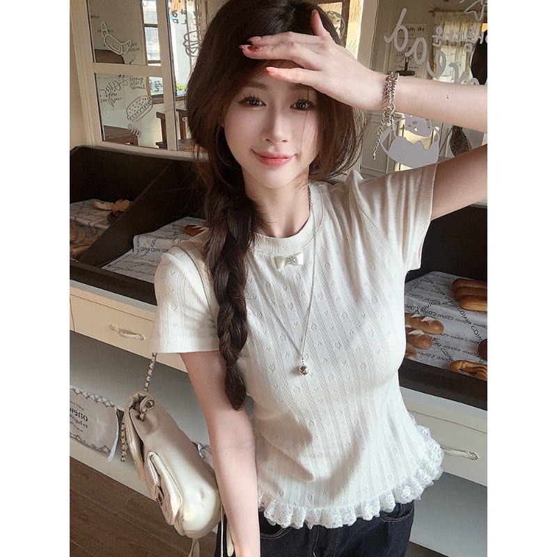 LINNA~Xคอกลม ลูกไม้ แขนสั้น เสื้อเชิ้ต แฟชั่น สไตล์หวาน เวอร์ชั่นเกาหลี สไตล์ใหม่