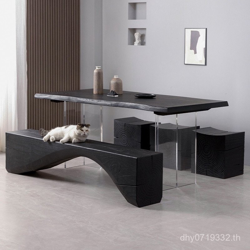 2I สไตล์เงียบคาร์บอนสีดําไม้เนื้อแข็งโต๊ะรับประทานอาหาร Log กระดานขนาดใหญ่โต๊ะน้ําชาอะคริลิคเรียบง่า