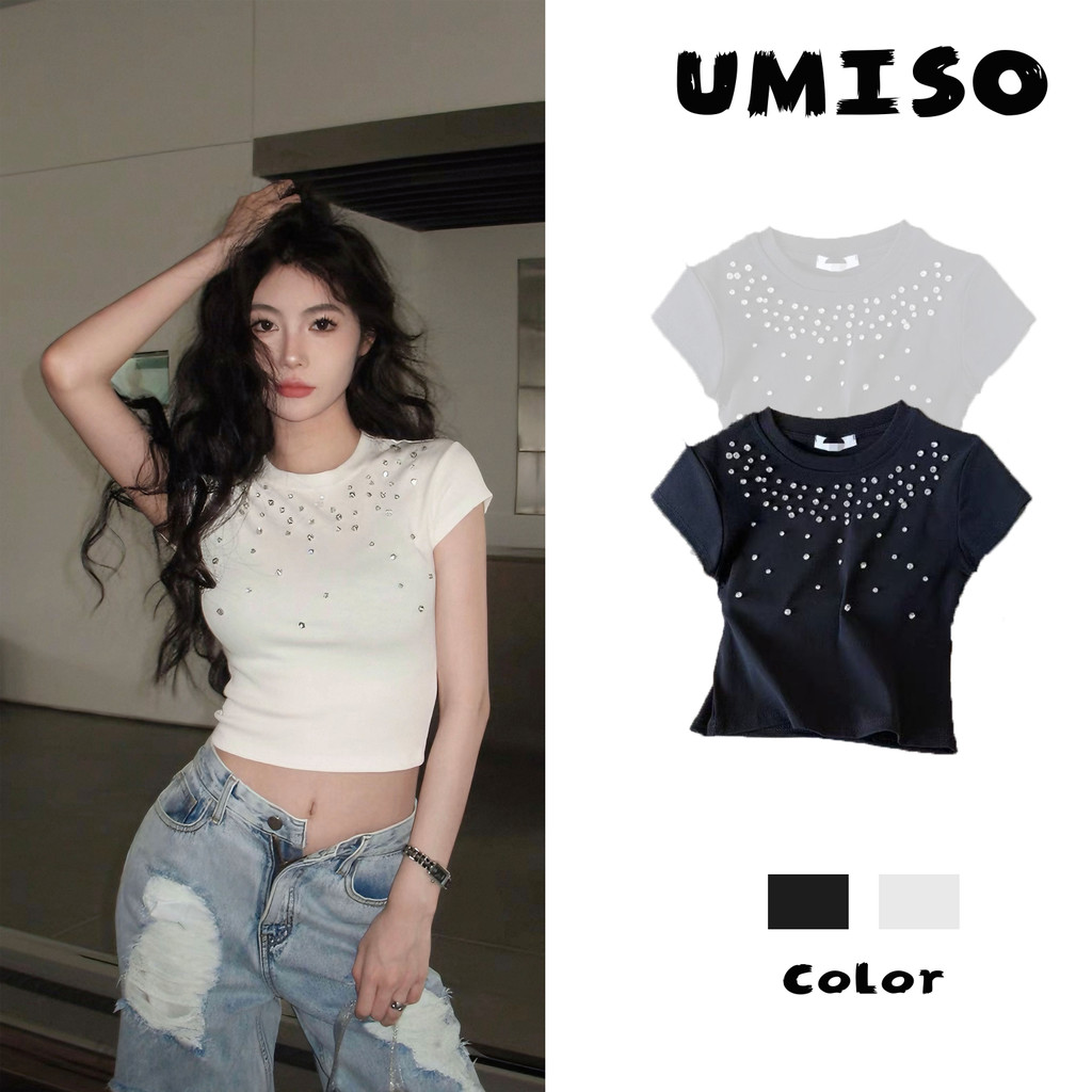 พร้อมส่ง เเบบสุดฮิต แขนสั้นรัดรูปเซกซี่ เสื้อยืดแขนสั้น ผ้ายืดรูปทรงสวย 2สี คอกลมประดับเพชร Umiso