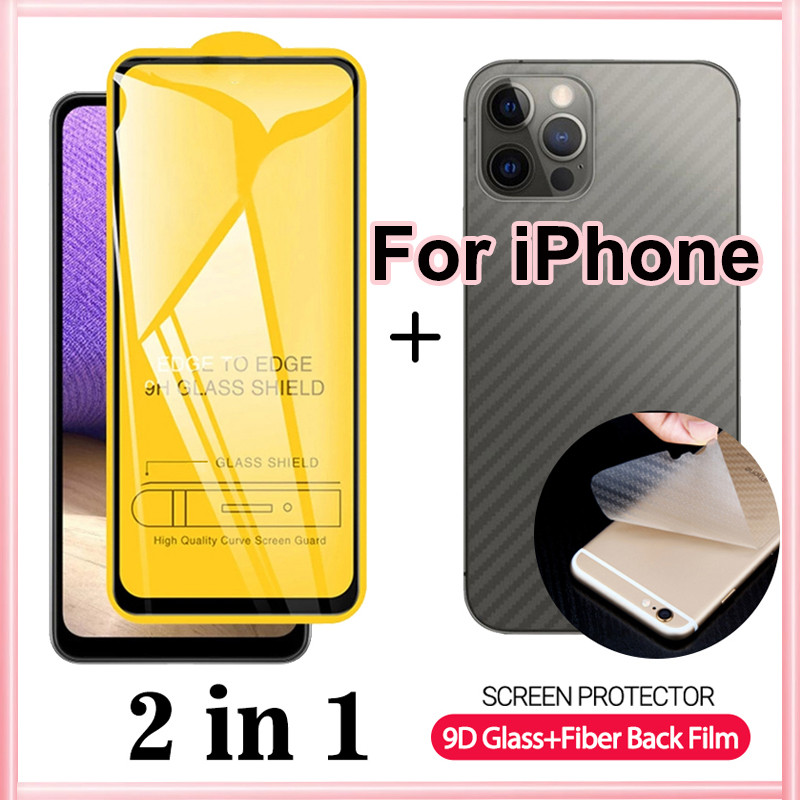 2 in 1 ฟิล์มคาร์บอนไฟเบอร์ ติดด้านหลัง 9D ฟิล์มกระจก For iPhone 16 12 11 15 13 14 Pro Max 7 8 6 Plus 12 Mini X XR XS Max