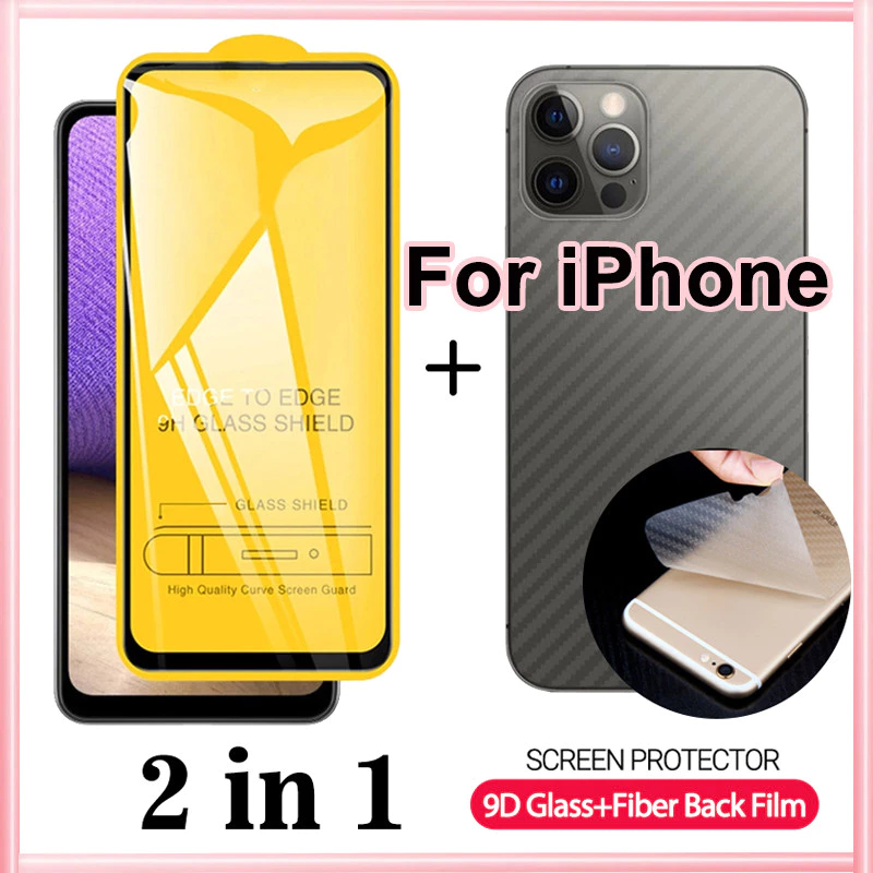 2 in 1 ฟิล์มคาร์บอนไฟเบอร์ ติดด้านหลัง 9D ฟิล์มกระจก For iPhone 16 12 11 15 13 14 Pro Max 7 8 6 Plus 12 Mini X XR XS Max
