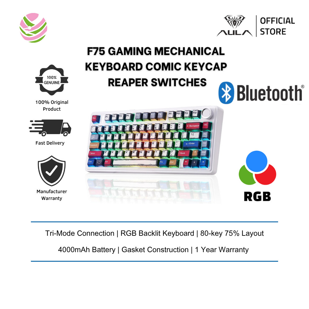 AULA F75 75% ไร้สาย RGB Backlit Tri-Mode Gaming Mechanical Keyboard พร้อมลูกบิด | สวิตช์ปุ่มกดการ์ตู