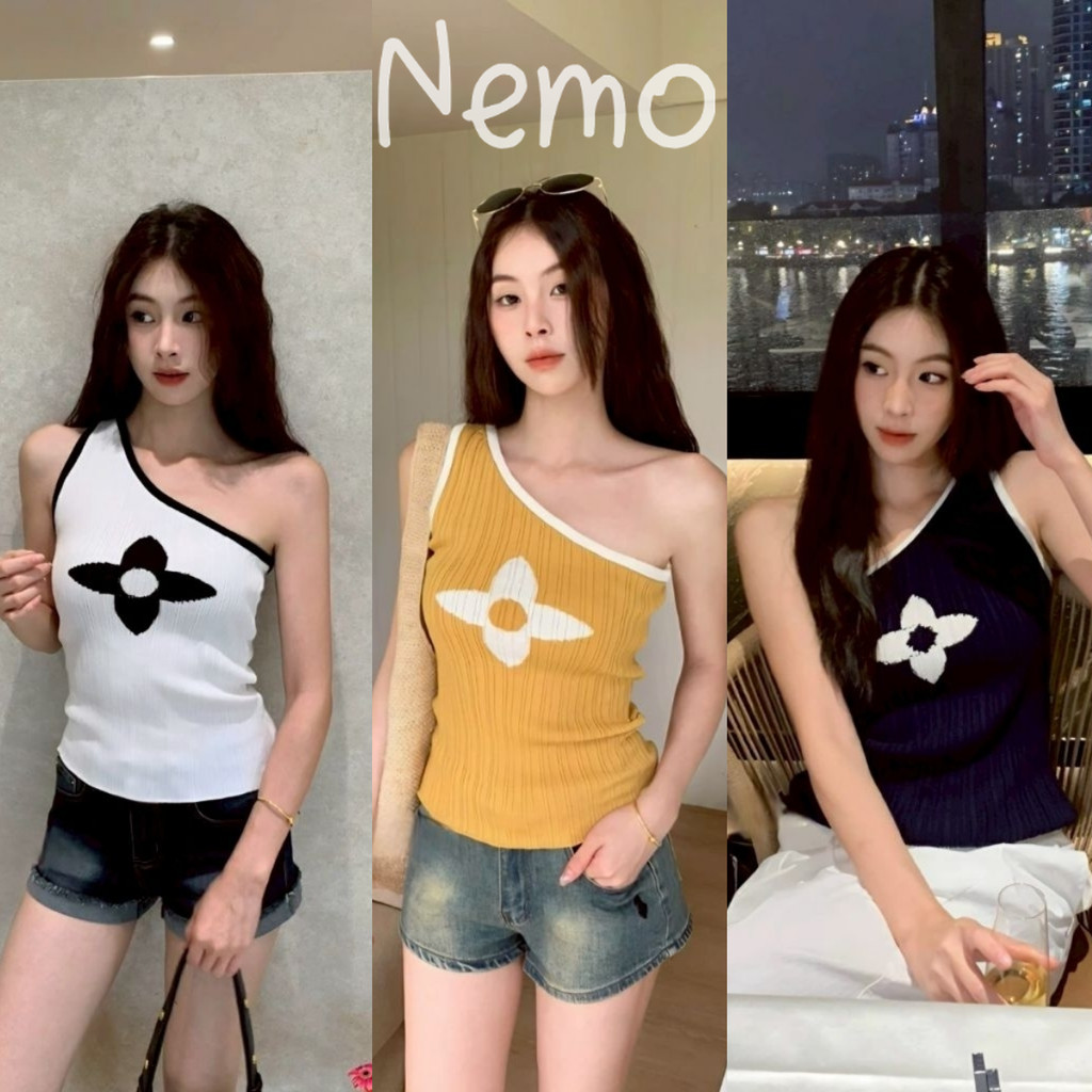 Nemo store🌸#10171 เสื้อกล้ามไหมพรม น่ารักๆ ดีเทลสายข้างเดียวลายดอกไม้ เสื้อน่ารัก เสื้อกล้ามผู้หญิง