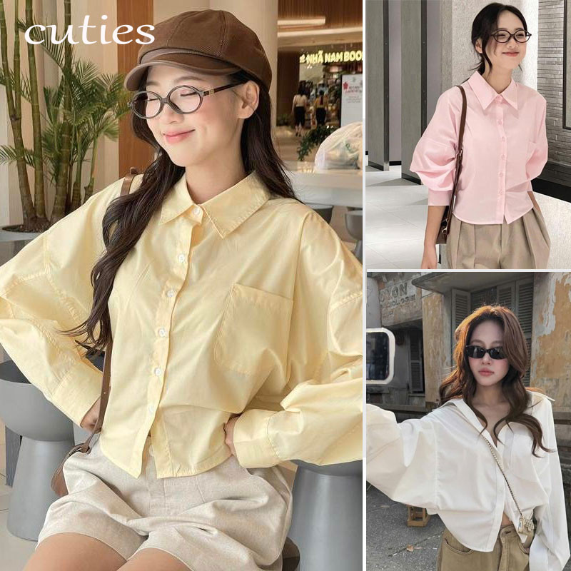 Cuties W622 เสื้อครอปเกาหลีสําหรับผู้หญิงแขนยาว เสื้อผู้หญิงแฟชั่นสาวอวบ ปกเชิ้ต​ ผ้าใส่สบาย รีดง่าย