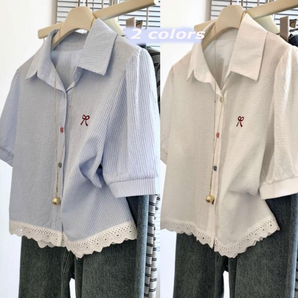 Dahong เสื้อเชิ้ตแขนสั้นผู้หญิงน่ารักๆ oversize เสื้อเชิ้ตแขนพองลูกไม้ดีไซน์ฝรั่งเศสสำหรับผู้หญิง ผ้าคัตตอน   W635