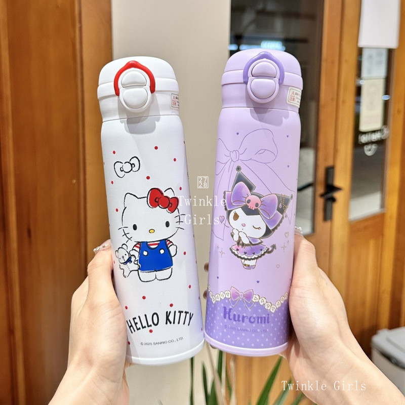 ของแท้ Kuromi Cinnamoroll แก้วน้ําคู่สําหรับเด็กหญิง Hello Kitty My Melody 316 ขวดน้ําสแตนเลสฉนวนเย็นกระติกน้ําร้อนถ้วยฟาง