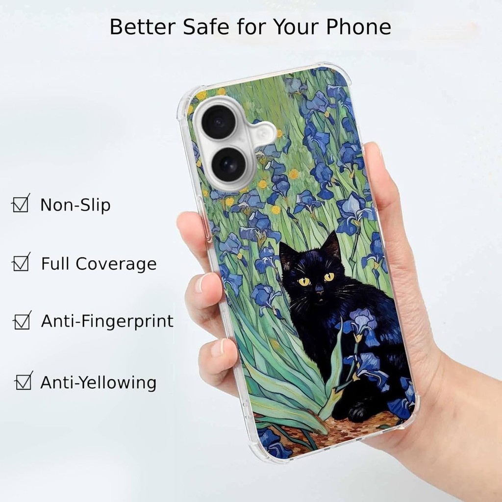 Van Gogh ดอกไม้ Cat Art เคสโทรศัพท์ใช้งานร่วมกับ iPhone 16, สีดําแมวสีฟ้าดอกไม้อินเทรนด์ Cool Girl B