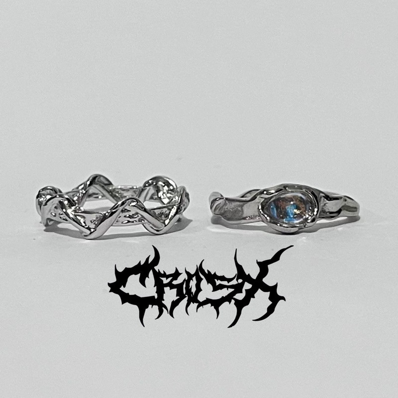 MAMI RING SET / 2PCS OVAL SQUARE CHAIN RING SET SPIRAL ELIPS HOLOGRAM BLACK SILVER RING / COUPLE แหว