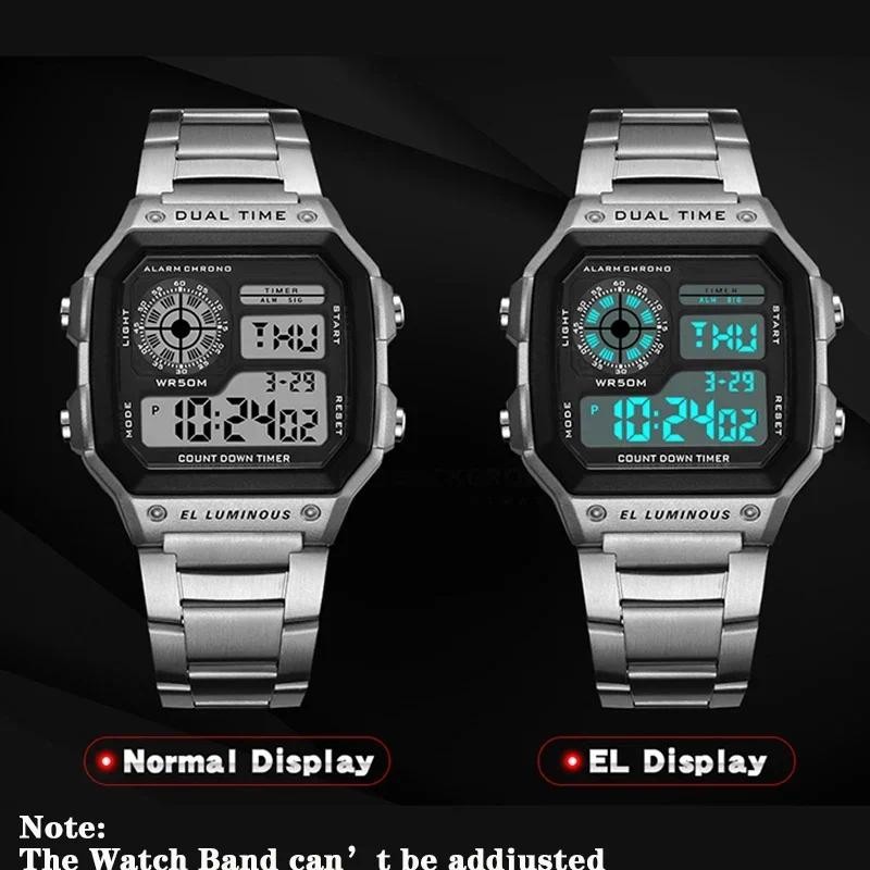 นาฬิกาข้อมือ LED Sport Classic Mens Digital Watches Luxury Stainless Steel Strap Sport Watches