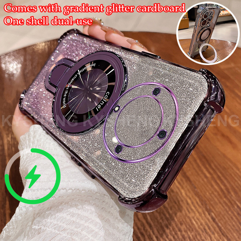 สําหรับ Honor X9A X9B 5G X9 X9C SMART เคสโทรศัพท์สี่มุม anti drop U วงเล็บแม่เหล็กแฟลชแป้งโปร่งใส so