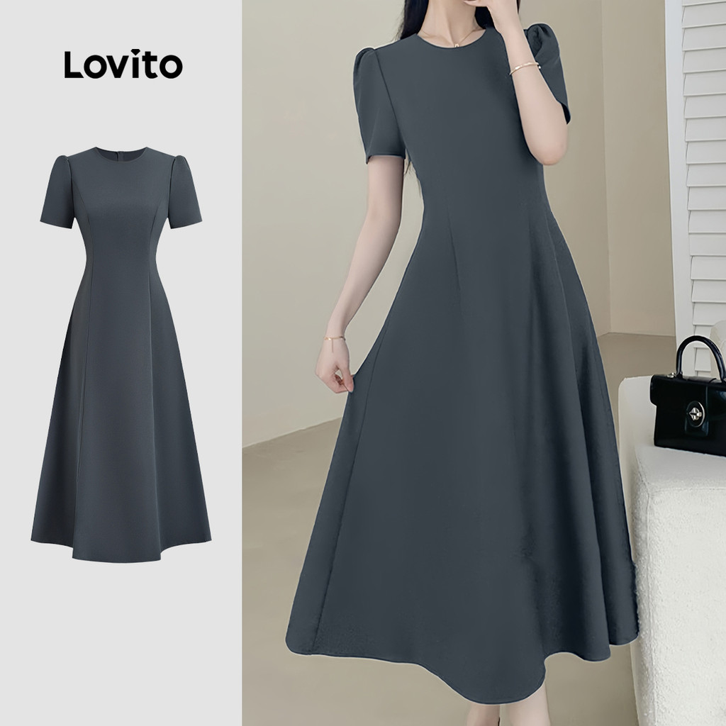 (New) Lovito ชุดเดรสหวานจับใจ ผ้าห่มสตรีทเทคเจอร์ สำหรับฤดูใบไม้ผลิ/ฤดูร้อน สีเทา L144AD090