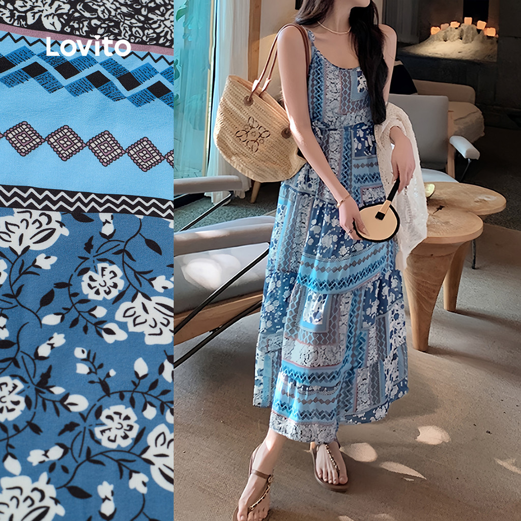 (New) Lovito ชุดเดรสโบฮ์ลูกไม้สำหรับผู้หญิง สไตล์ฤดูใบไม้ผลิ/ฤดูร้อน L142ED610