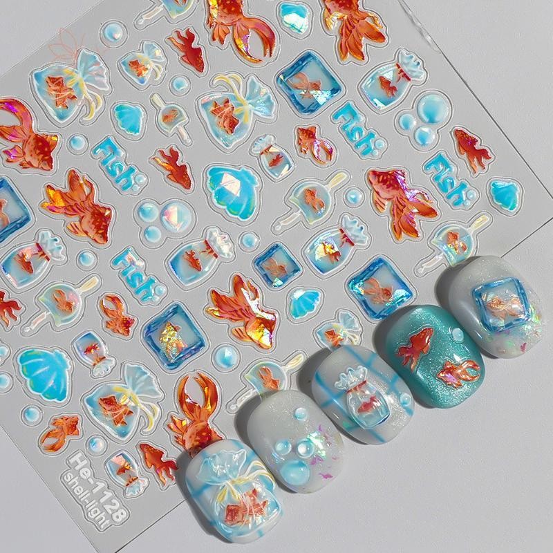 [maybeauty] ถุงพลาสติกปลาทองเงา Seahorses ฤดูร้อนแมงกะพรุนปลาดาว Conch Koi Water Bubble Star ปลาคาร์พสติกเกอร์เล็บ Decals {TH}