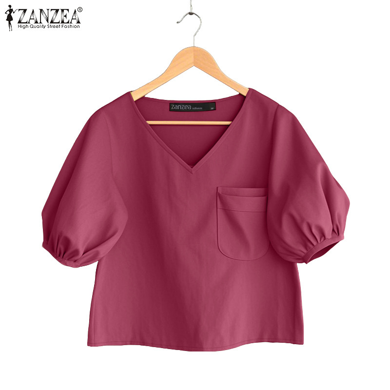 ZANZEA เสื้อเบลาส์แขนพัฟดีไซน์เกาหลีเรียบง่ายสำหรับผู้หญิง
