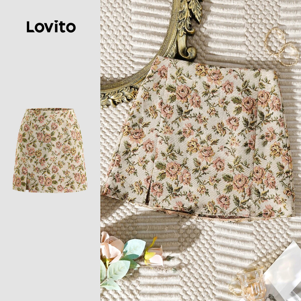 Lovito กระโปรงผ้าแจ็คการ์ดลายดอกไม้หรูหราสําหรับผู้หญิง L124AD789