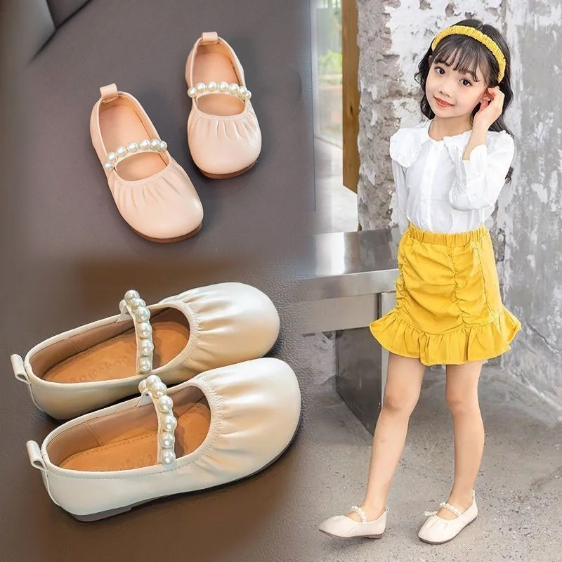 รองเท้าหนัง ส้นแบน ประดับไข่มุก สไตล์เจ้าหญิง สำหรับเด็กผู้หญิง