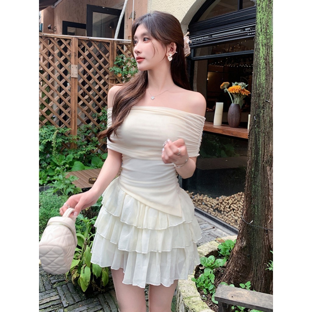 MOYES 🎀เสื้อเชิ้ตนางฟ้าไหล่เดียวหวานของผู้หญิงเสื้อตาข่ายผิดปกติชุดกระโปรงเค้กระดับไฮเอนด์