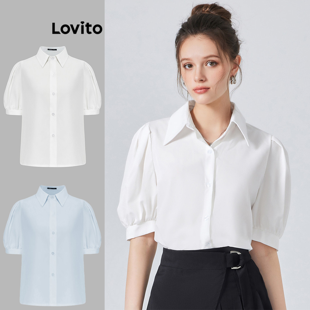 Lovito เสื้อเชิ้ตผู้หญิง จับจีบ สีพื้น สไตล์ลำลอง L74ED056