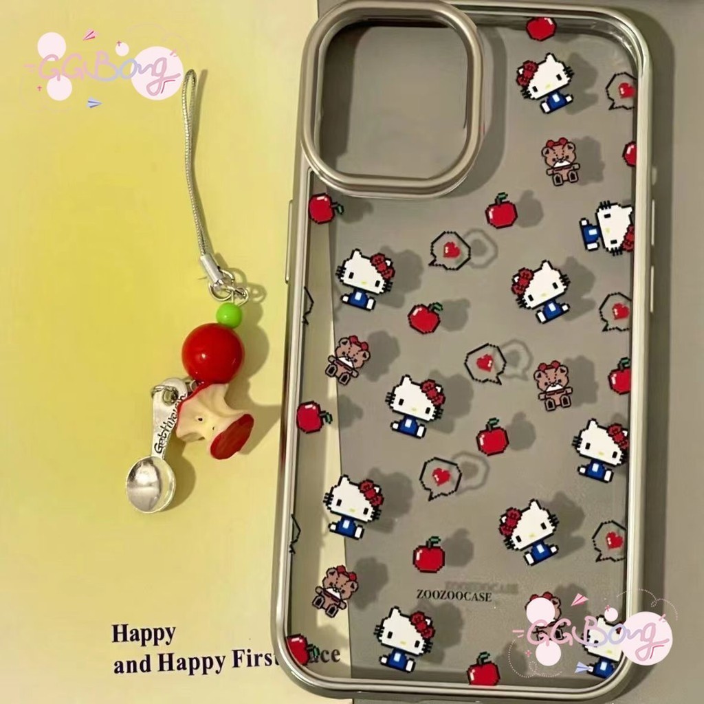การ์ตูน hellokitty น่ารักแอปเปิ้ลกรอบชุบไฟฟ้าสุดหรูปกใส IPhone 15 14 11 13 12 Pro Max X XS MAX 7 8 15 14 Plus XR SE 2020