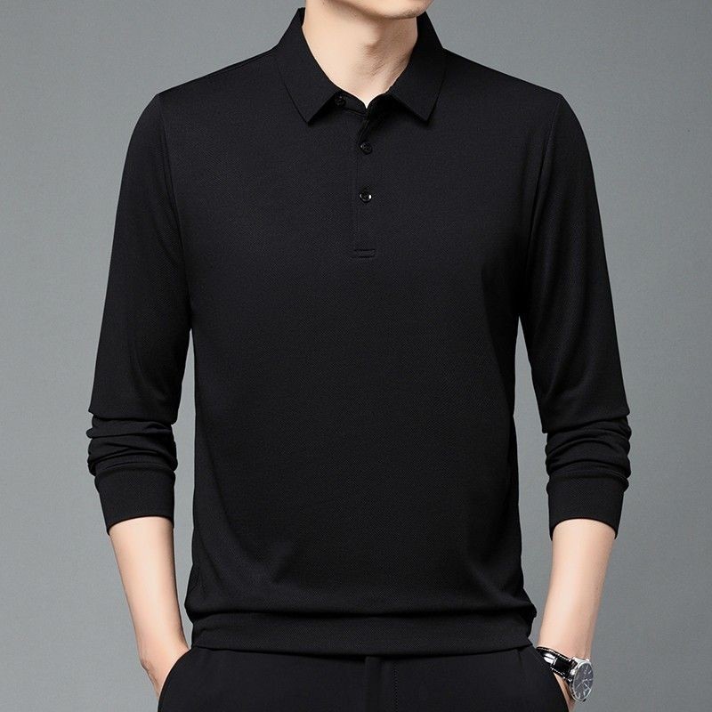 เสื้อโปโลผู้ชายฤดูใบไม้ผลิและฤดูใบไม้ร่วงบางวาฟเฟิลแขนยาววัยกลางคนและผู้สูงอายุลําลองเสื้อโปโลสีทึบด้านบน
