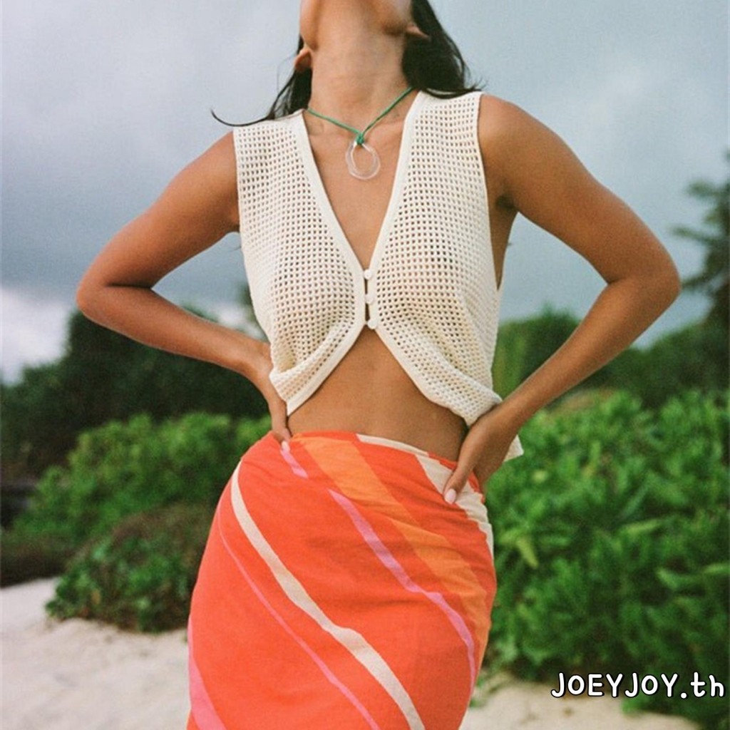 Joeyjoy-เสื้อกล้ามผ้าถักสําหรับผู้หญิงปุ่มสีทึบคอวีแฟชั่นฤดูร้อนเสื้อกั๊กแขนกุดลําลอง